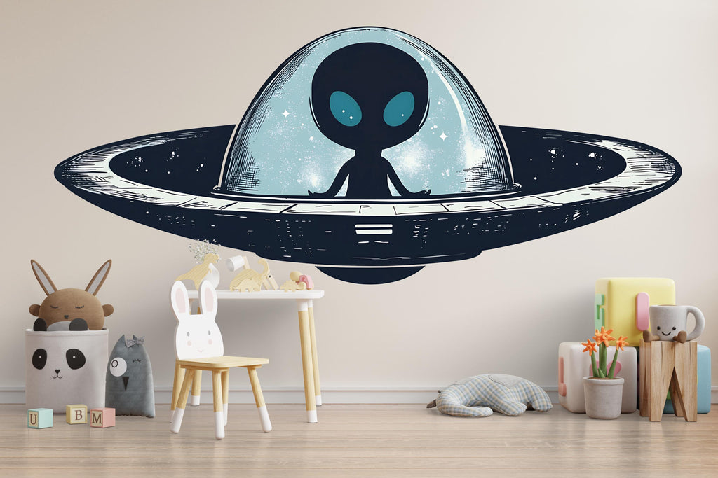 Cute Alien Spaceship Wall Decal | Kids Space Room Sticker | Cartoon UFO Nursery Decor | Outer Space Wall Art for Playroom & Bedroom