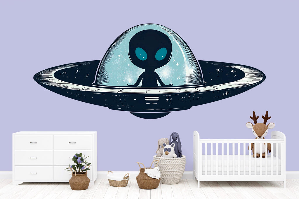 Cute Alien Spaceship Wall Decal | Kids Space Room Sticker | Cartoon UFO Nursery Decor | Outer Space Wall Art for Playroom & Bedroom