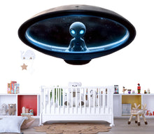 Load image into Gallery viewer, Cute Blue Alien Spaceship Wall Decal | Glowing UFO Kids Room Sticker | Space Nursery Decor | Sci-Fi Wall Art for Playroom &amp; Bedroom