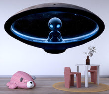 Load image into Gallery viewer, Cute Blue Alien Spaceship Wall Decal | Glowing UFO Kids Room Sticker | Space Nursery Decor | Sci-Fi Wall Art for Playroom &amp; Bedroom