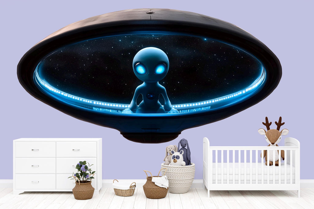 Cute Blue Alien Spaceship Wall Decal | Glowing UFO Kids Room Sticker | Space Nursery Decor | Sci-Fi Wall Art for Playroom & Bedroom