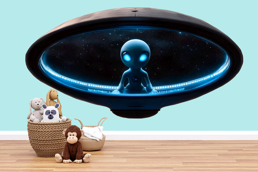 Cute Blue Alien Spaceship Wall Decal | Glowing UFO Kids Room Sticker | Space Nursery Decor | Sci-Fi Wall Art for Playroom & Bedroom