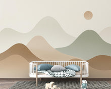 Load image into Gallery viewer, Minimal Mountain Nursery Mural · Watercolor Landscape Wallpaper · Neutral Sage Beige Wall Art · Gender Neutral Nursery Decor 227DE