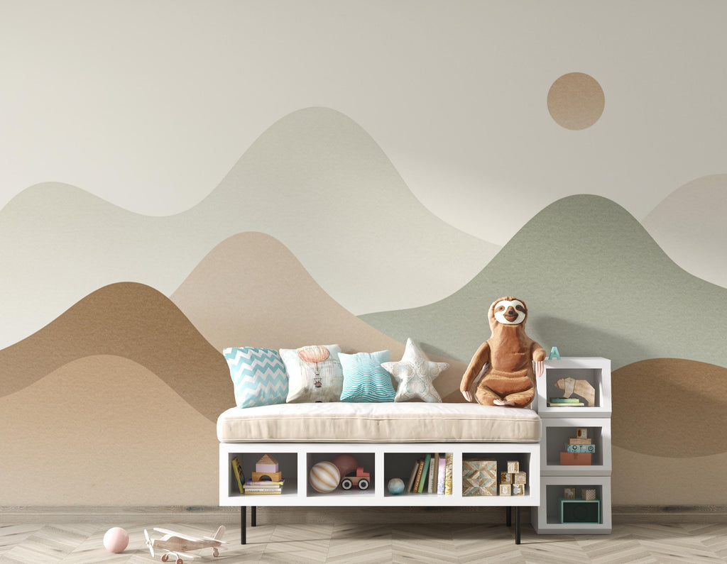 Minimal Mountain Nursery Mural · Watercolor Landscape Wallpaper · Neutral Sage Beige Wall Art · Gender Neutral Nursery Decor 227DE