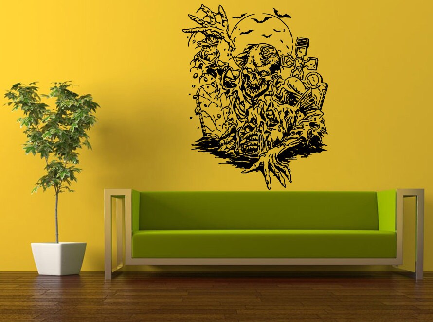 Wall Decal Vinyl Sticker Decals Peal And Stick Cheap Free Shipping Zombie Climbing Grave Yard Bats Skillet L441
