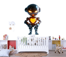 Load image into Gallery viewer, Glossy Black Robot Wall Decal With Glowing Heart | Futuristic Kids Room Sticker | Cute Sci-Fi Nursery Decor | Removable Modern Robot Mural