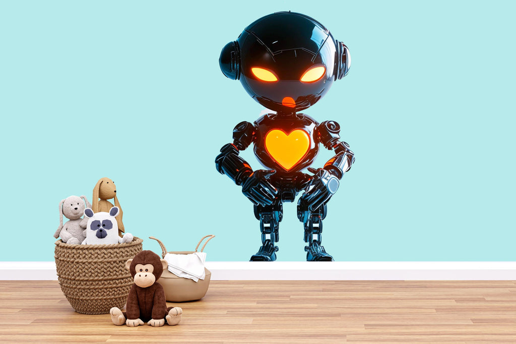 Glossy Black Robot Wall Decal With Glowing Heart | Futuristic Kids Room Sticker | Cute Sci-Fi Nursery Decor | Removable Modern Robot Mural