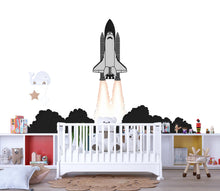 Load image into Gallery viewer, Black &amp; White Rocket Ship Wall Decal | Space Shuttle Sticker for Kids Room | Minimalist Nursery Space Decor | Removable Playroom Wall Art