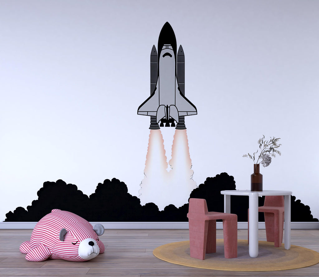 Black & White Rocket Ship Wall Decal | Space Shuttle Sticker for Kids Room | Minimalist Nursery Space Decor | Removable Playroom Wall Art