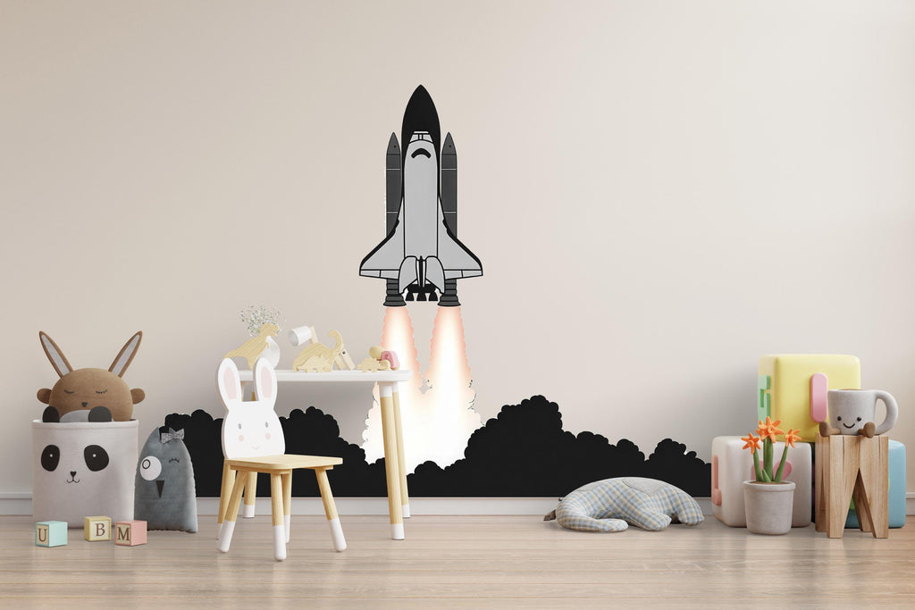 Black & White Rocket Ship Wall Decal | Space Shuttle Sticker for Kids Room | Minimalist Nursery Space Decor | Removable Playroom Wall Art