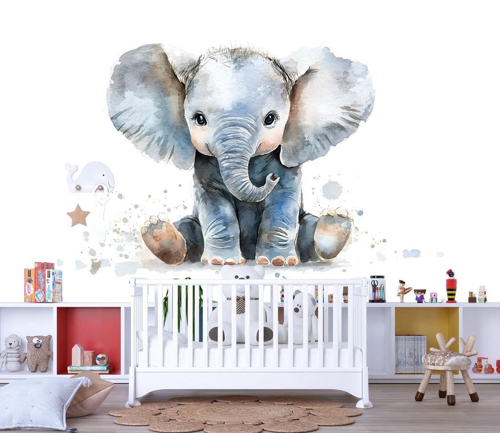 Watercolor Baby Elephant Wall Decal | Nursery Animal Sticker | Cute Safari Baby Room Decor | Removable Wall Art for Crib Area