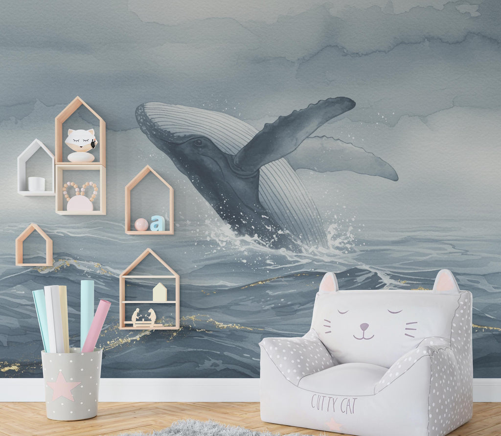 Watercolor Whale Wallpaper Mural, Misty Ocean Wall Art in Blue Gray, Elegant Coastal Decor with Gold Accents, Large-Scale Sea Mural 1014RS