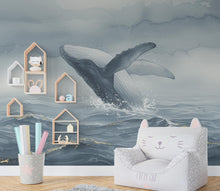 Load image into Gallery viewer, Watercolor Whale Wallpaper Mural, Misty Ocean Wall Art in Blue Gray, Elegant Coastal Decor with Gold Accents, Large-Scale Sea Mural 1014RS