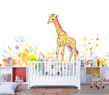 Load image into Gallery viewer, Colorful Baby Giraffe Wall Decal | Watercolor Safari Nursery Sticker | Vibrant Kids Room Wall Art | Removable Giraffe Mural for Baby Bedroom