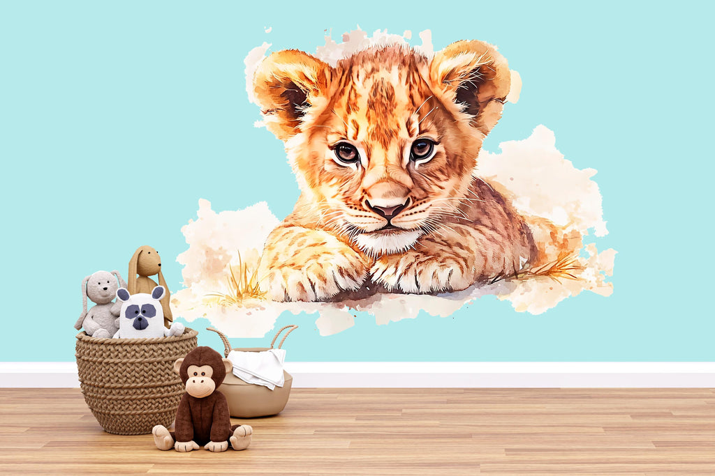 Watercolor Baby Lion Wall Decal | Safari Nursery Wall Sticker | Jungle Animal Mural for Baby Room | Kids Room Decor