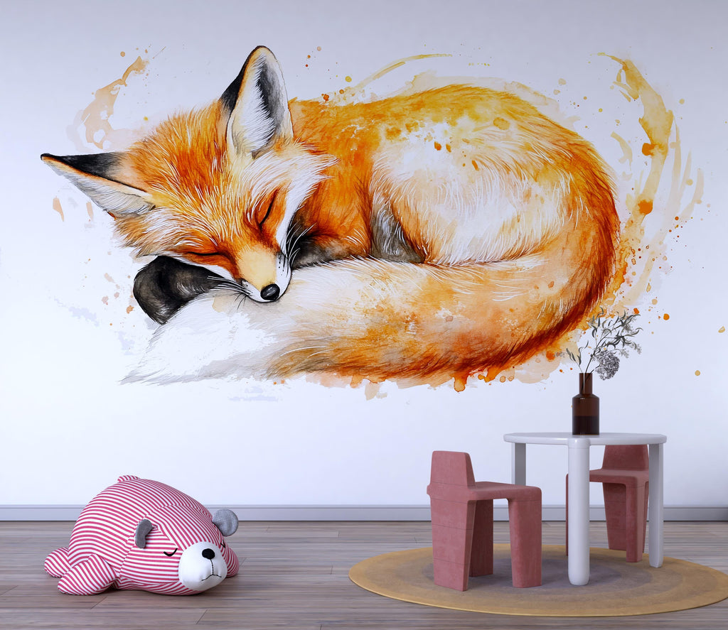Watercolor Sleeping Fox Wall Decal | Woodland Nursery Wall Sticker | Cute Animal Mural for Baby Room | Kids Room Decor