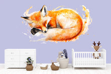 Load image into Gallery viewer, Watercolor Sleeping Fox Wall Decal | Woodland Nursery Wall Sticker | Cute Animal Mural for Baby Room | Kids Room Decor