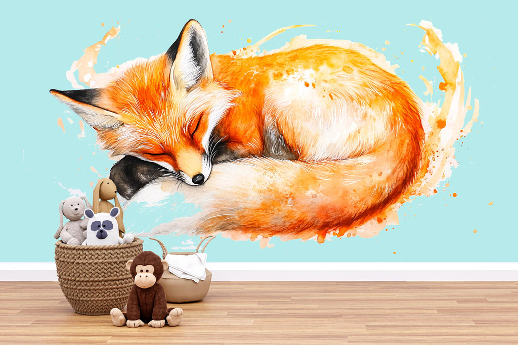 Watercolor Sleeping Fox Wall Decal | Woodland Nursery Wall Sticker | Cute Animal Mural for Baby Room | Kids Room Decor