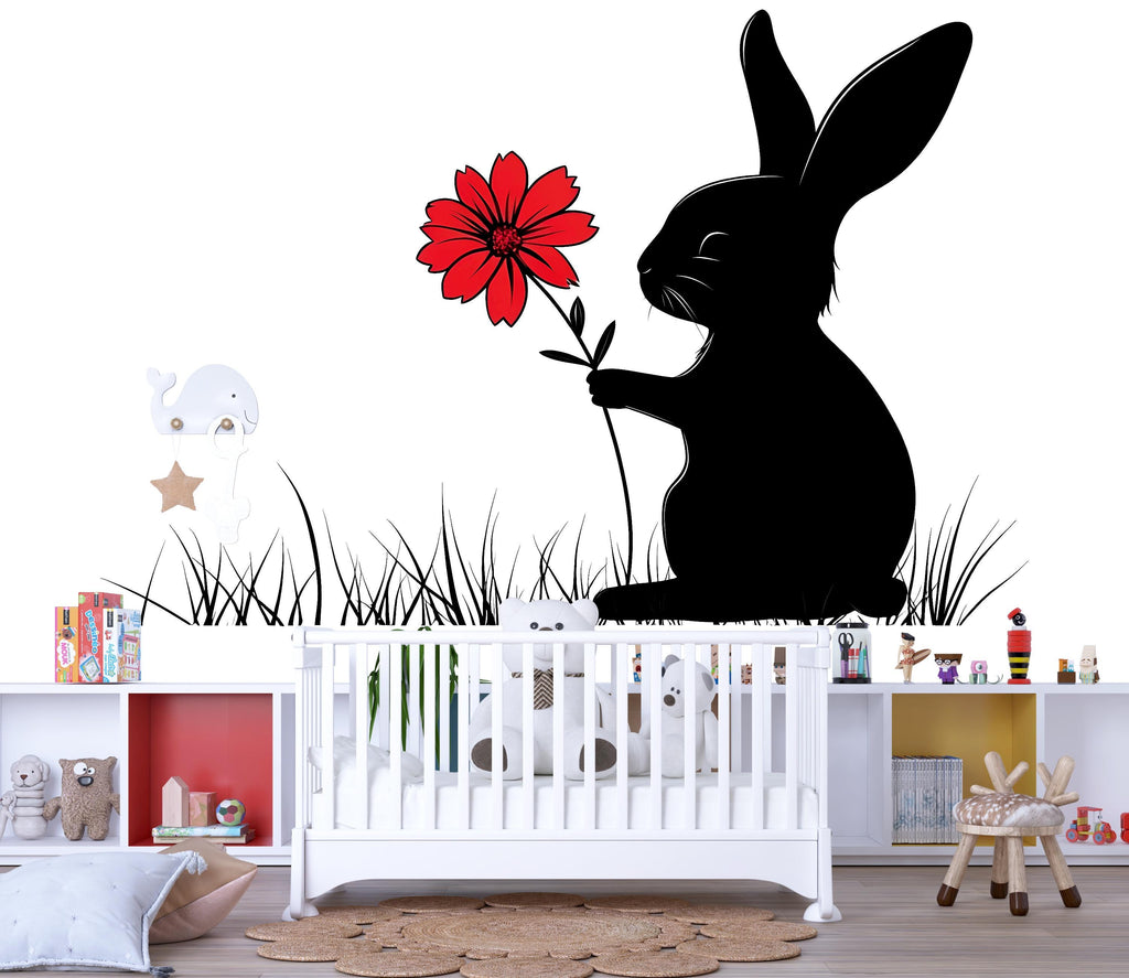 Bunny Silhouette Wall Decal with Flower | Cute Nursery Wall Sticker | Rabbit Wall Art for Baby Room | Playroom Decor