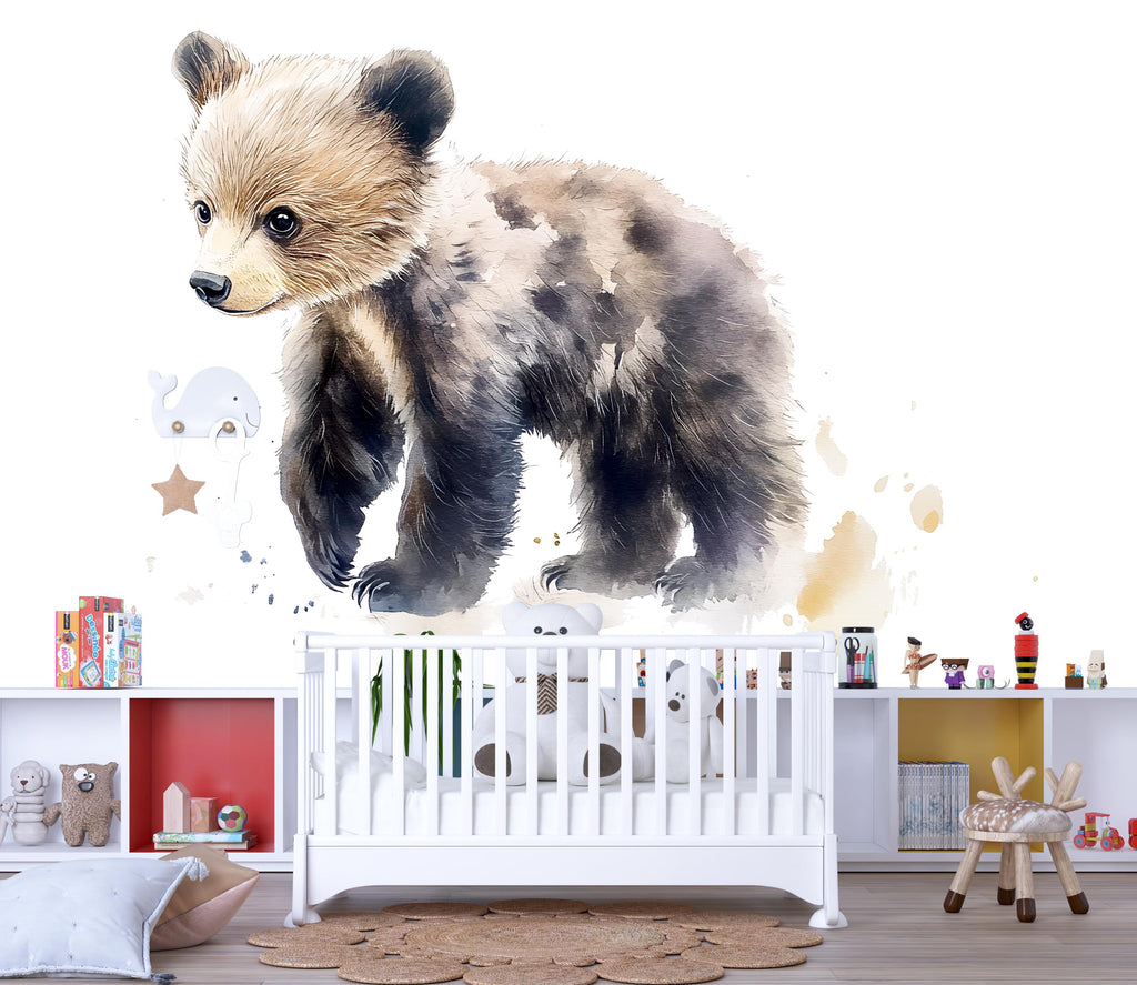 Baby Bear Wall Decal Watercolor Nursery Sticker | Woodland Animal Wall Art for Baby Room | Removable Kids Room Decor