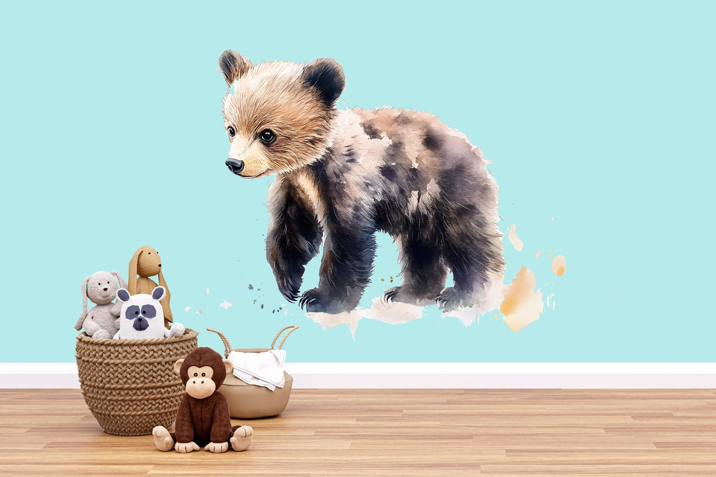 Baby Bear Wall Decal Watercolor Nursery Sticker | Woodland Animal Wall Art for Baby Room | Removable Kids Room Decor
