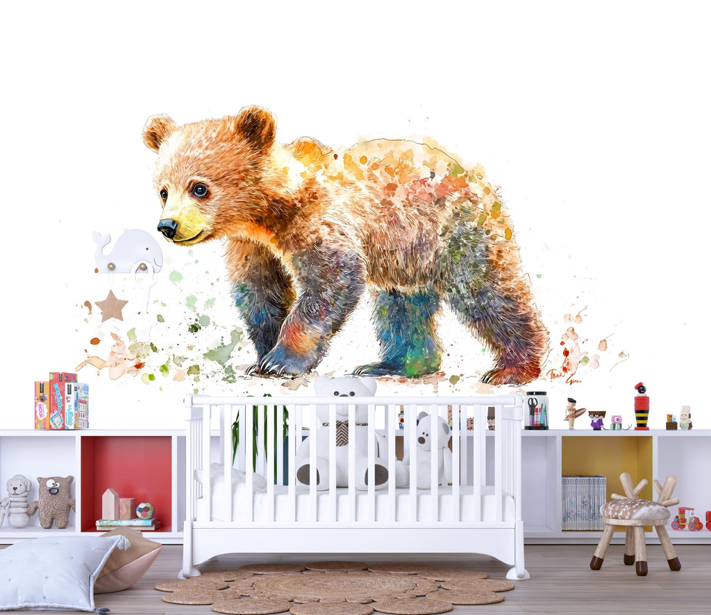Colorful Baby Bear Wall Decal Watercolor Nursery Sticker | Woodland Animal Wall Art for Kids Room | Peel & Stick Removable Nursery Decor