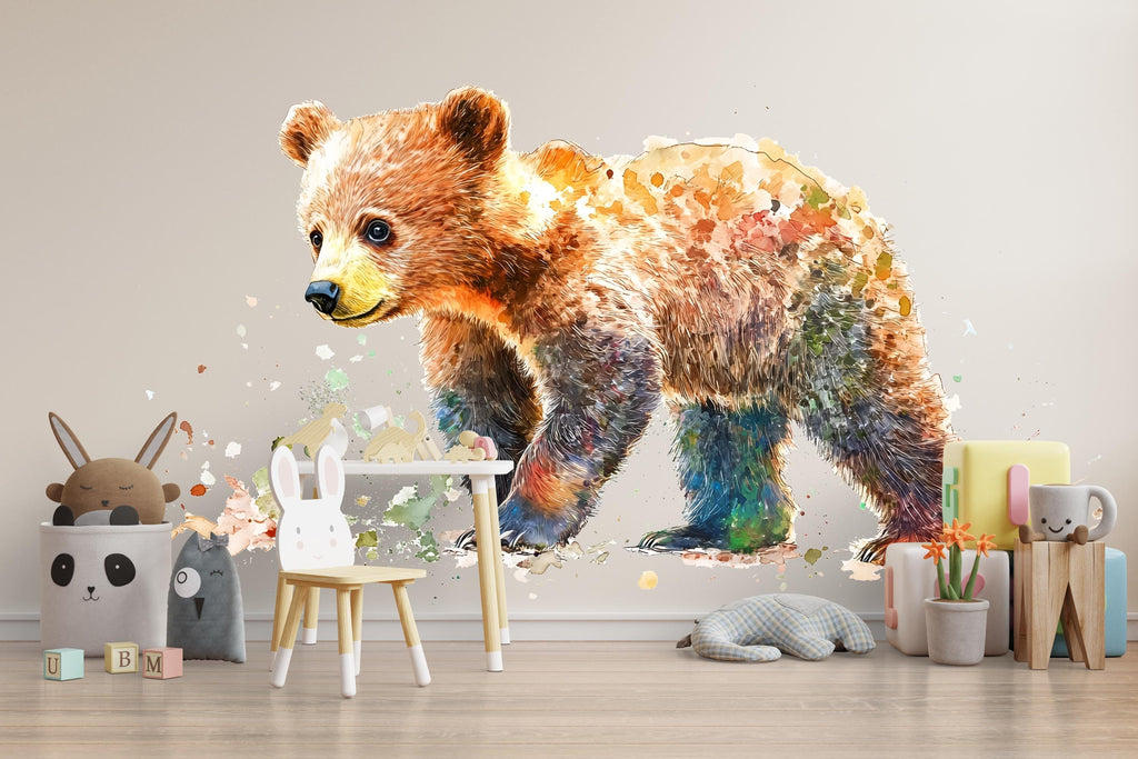 Colorful Baby Bear Wall Decal Watercolor Nursery Sticker | Woodland Animal Wall Art for Kids Room | Peel & Stick Removable Nursery Decor