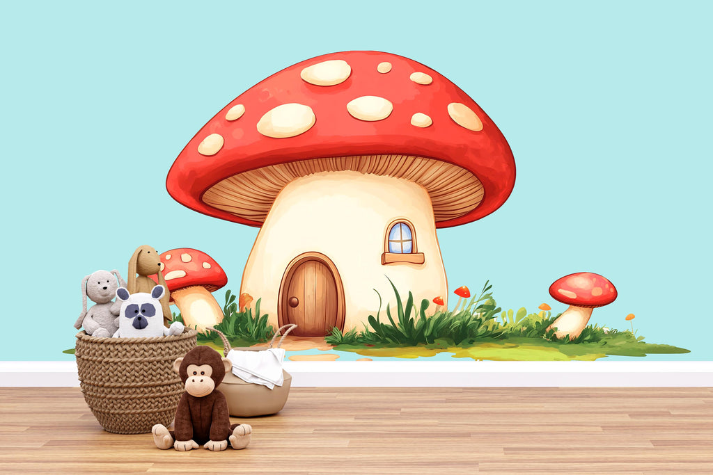 Kawaii Mushroom House Wall Decal, Fairy Nursery Wall Sticker, Woodland Kids Room Decor, Cute Mushroom Wall Art, Peel And Stick Nursery Decal