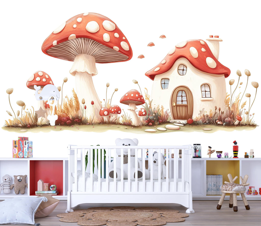 Kawaii Mushroom Village Wall Decal, Fairy Nursery Wall Sticker, Woodland Kids Room Decor, Storybook Mushroom Wall Art