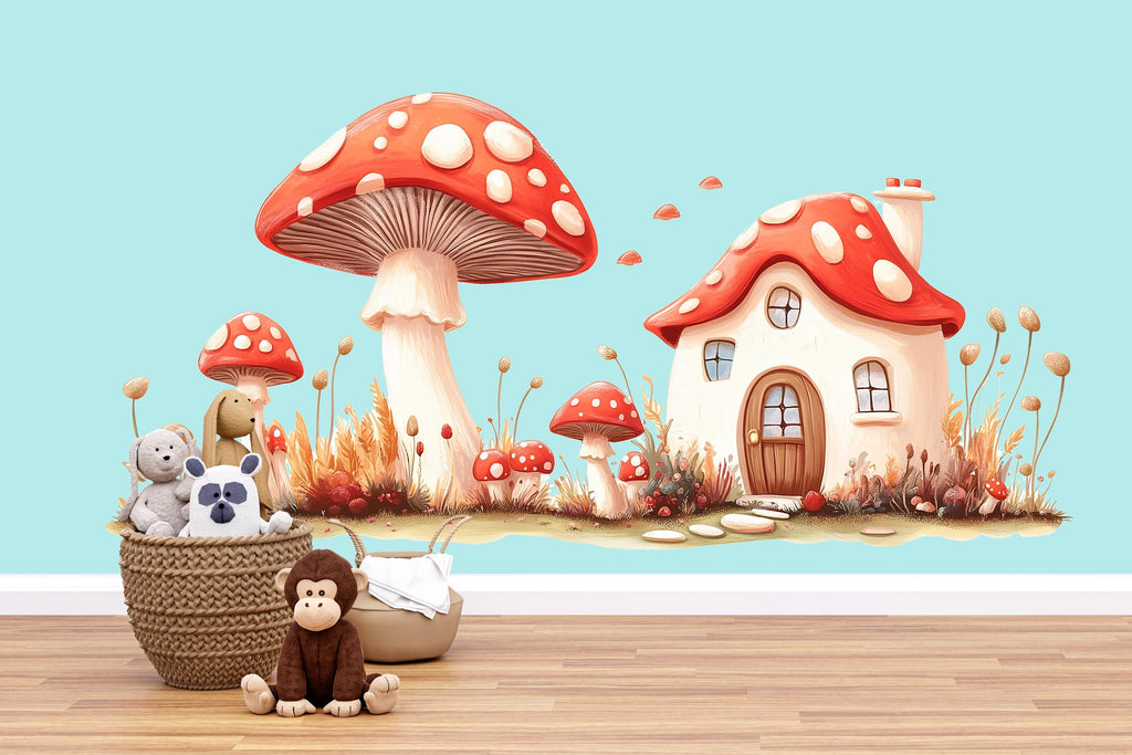 Kawaii Mushroom Village Wall Decal, Fairy Nursery Wall Sticker, Woodland Kids Room Decor, Storybook Mushroom Wall Art