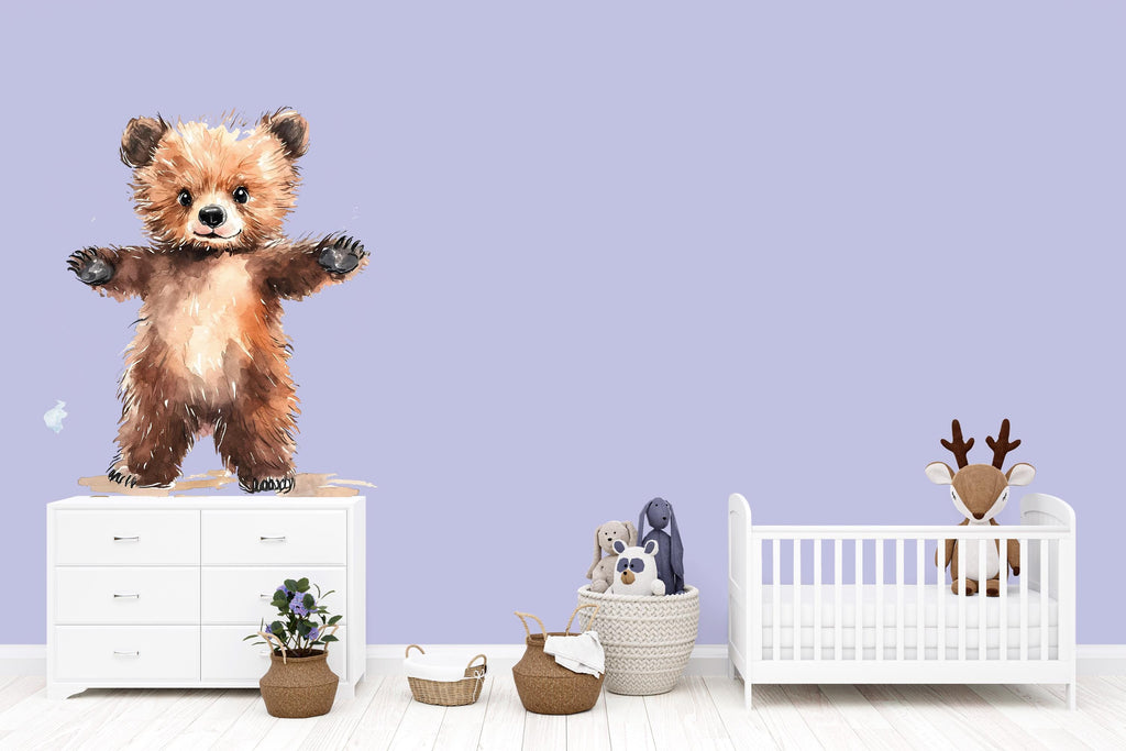 Standing Baby Bear Wall Decal Watercolor Nursery Sticker | Cute Woodland Animal Mural for Kids Room | Peel & Stick Removable Nursery