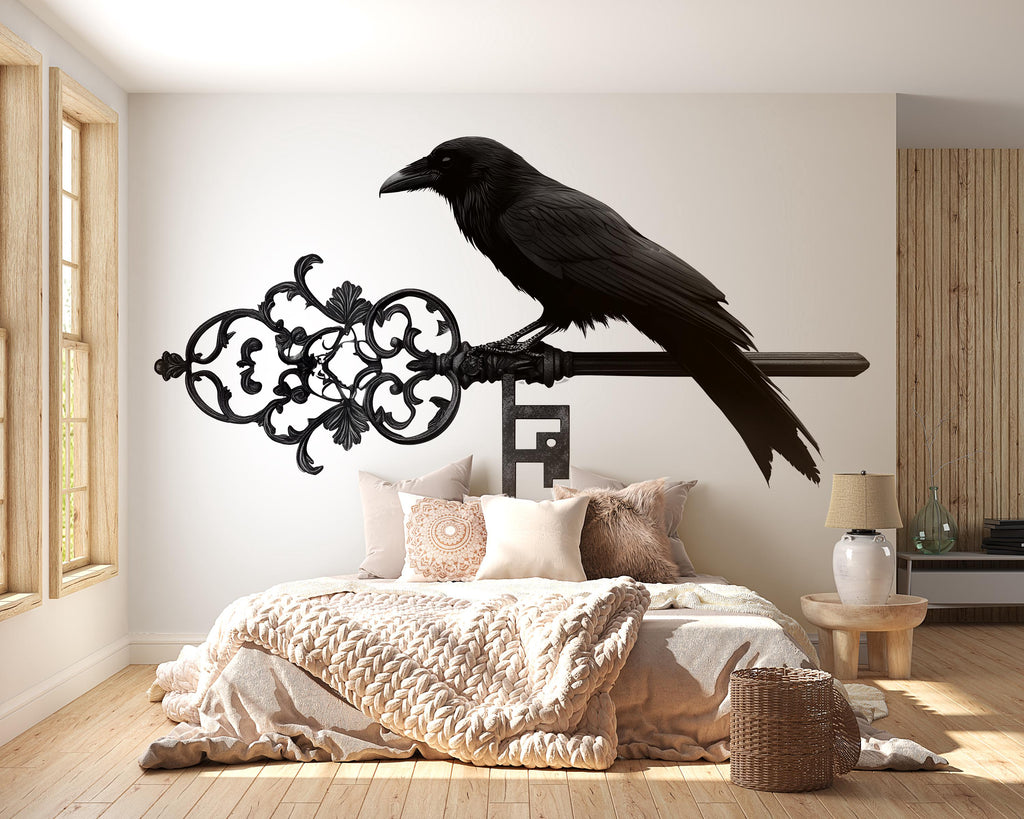 Gothic Raven Wall Decal With Antique Key, Dark Fantasy Wall Sticker, Raven Wall Art, Occult Home Decor, Peel And Stick Wall Decal