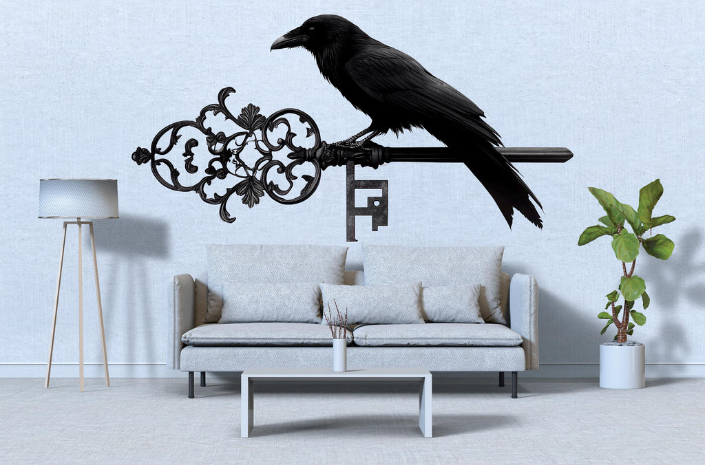 Gothic Raven Wall Decal With Antique Key, Dark Fantasy Wall Sticker, Raven Wall Art, Occult Home Decor, Peel And Stick Wall Decal