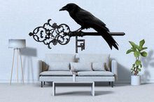 Load image into Gallery viewer, Gothic Raven Wall Decal With Antique Key, Dark Fantasy Wall Sticker, Raven Wall Art, Occult Home Decor, Peel And Stick Wall Decal