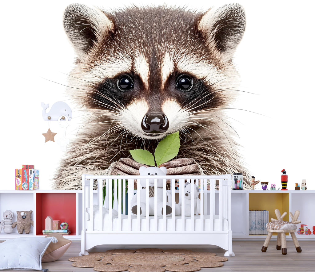 Realistic Baby Raccoon Wall Decal Nursery Sticker | Cute Woodland Animal Mural for Kids Room | Peel & Stick Removable Vinyl Nursery Wall