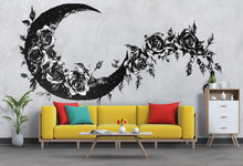 Load image into Gallery viewer, Gothic Floral Moon Wall Decal, Crescent Moon Rose Wall Sticker, Boho Celestial Wall Art, Black Floral Wall Decal, Peel And Stick Decor