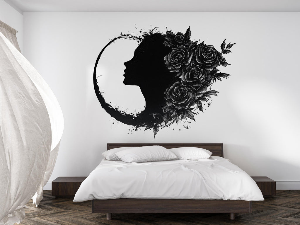 Gothic Woman Moon Wall Decal, Floral Female Silhouette Wall Sticker, Dark Feminine Celestial Wall Art, Black Rose Wall Decal