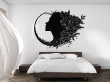 Load image into Gallery viewer, Gothic Woman Moon Wall Decal, Floral Female Silhouette Wall Sticker, Dark Feminine Celestial Wall Art, Black Rose Wall Decal