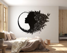 Load image into Gallery viewer, Gothic Woman Moon Wall Decal, Floral Female Silhouette Wall Sticker, Dark Feminine Celestial Wall Art, Black Rose Wall Decal