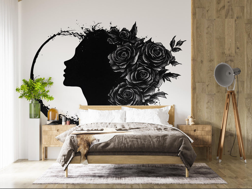 Gothic Woman Moon Wall Decal, Floral Female Silhouette Wall Sticker, Dark Feminine Celestial Wall Art, Black Rose Wall Decal