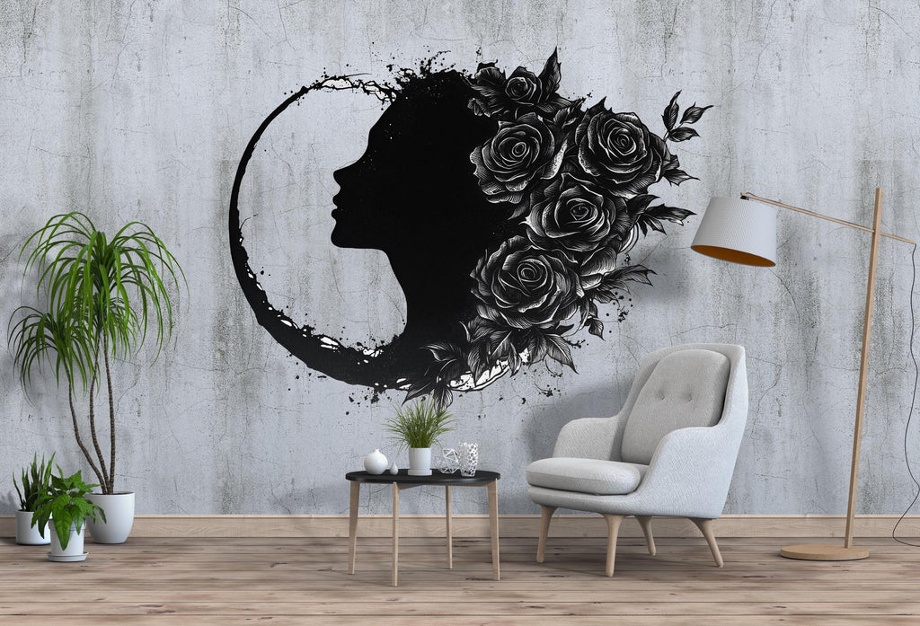 Gothic Woman Moon Wall Decal, Floral Female Silhouette Wall Sticker, Dark Feminine Celestial Wall Art, Black Rose Wall Decal