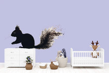 Load image into Gallery viewer, Black Squirrel Wall Decal with Splatter Tail | Woodland Nursery Animal Sticker | Modern Kids Room Decor | Peel &amp; Stick Removable Mural