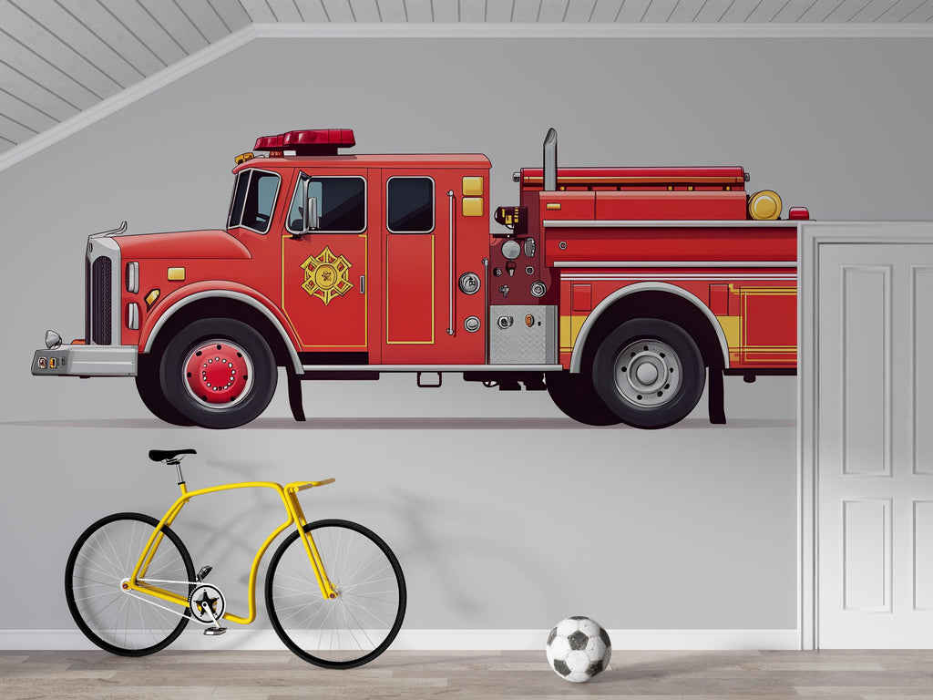 Fire Truck Wall Decal for Kids | Red Fire Engine Wall Sticker | Boys Bedroom Decor | Removable Peel & Stick Mural | Playroom Vehicle Theme