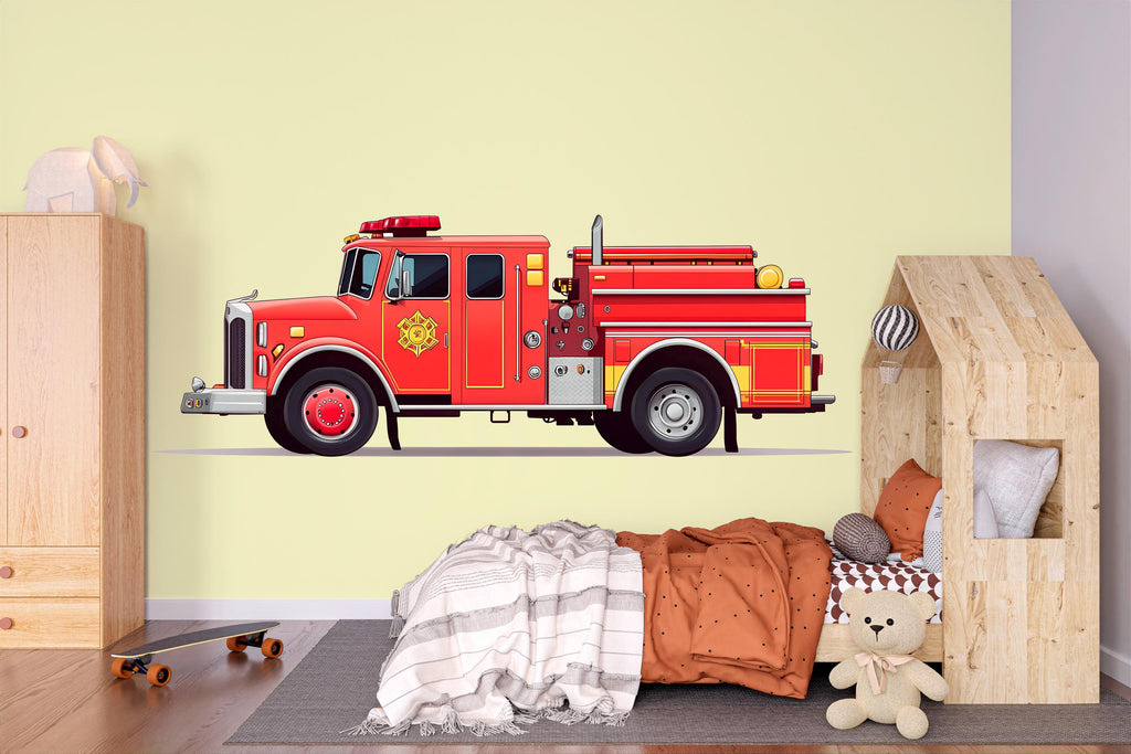 Fire Truck Wall Decal for Kids | Red Fire Engine Wall Sticker | Boys Bedroom Decor | Removable Peel & Stick Mural | Playroom Vehicle Theme