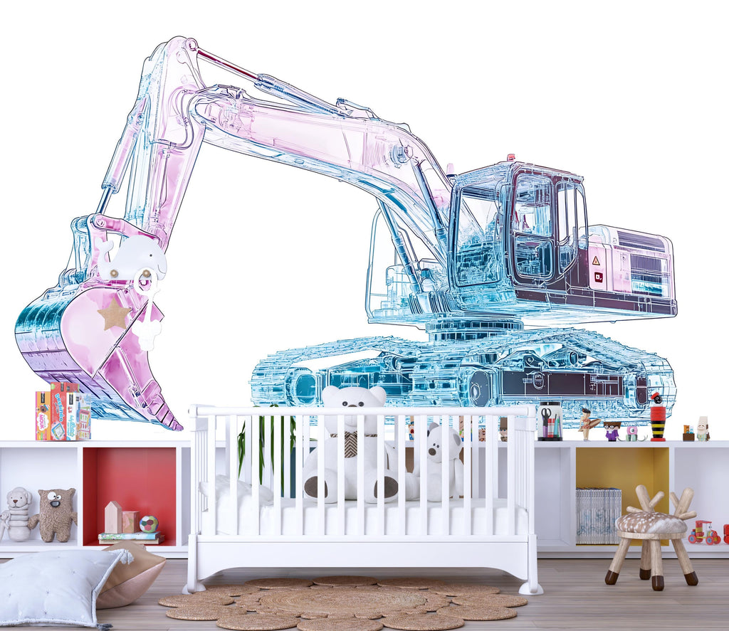 Pink Blue Excavator Wall Decal | Kids Construction Room Sticker | Transparent Style Digger Mural | Peel & Stick Boys Girls Nursery Decor