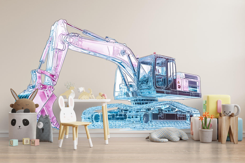 Pink Blue Excavator Wall Decal | Kids Construction Room Sticker | Transparent Style Digger Mural | Peel & Stick Boys Girls Nursery Decor