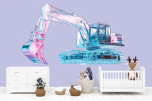 Load image into Gallery viewer, Pink Blue Excavator Wall Decal | Kids Construction Room Sticker | Transparent Style Digger Mural | Peel &amp; Stick Boys Girls Nursery Decor