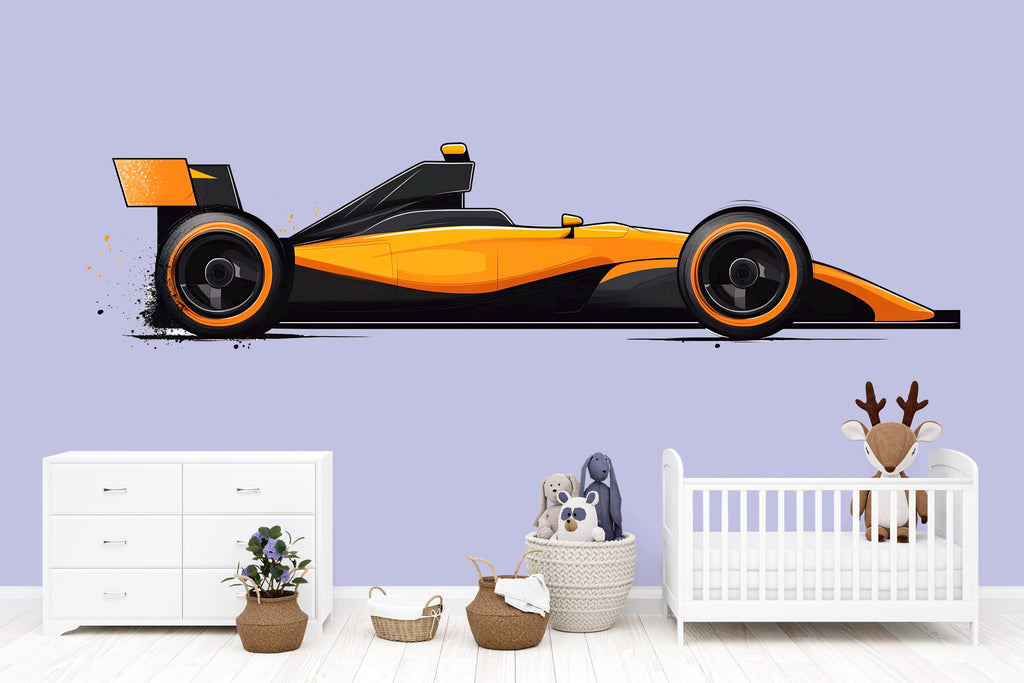 Orange Race Car Wall Decal | Kids Room Racing Car Sticker | Fast Speed Sports Car Mural | Peel & Stick Boys Bedroom Decor