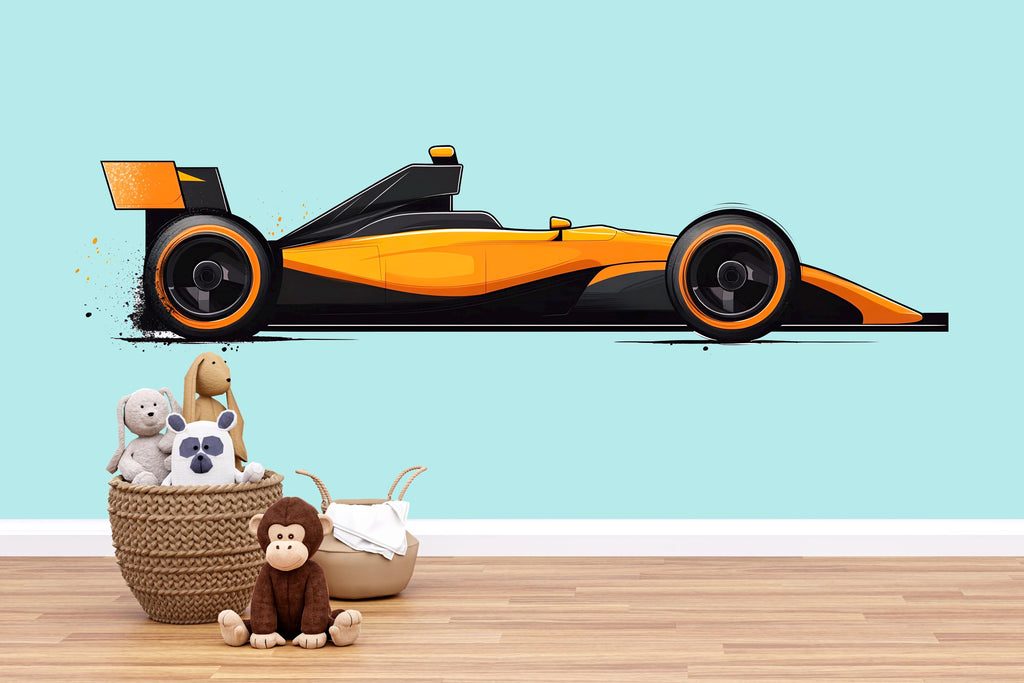 Orange Race Car Wall Decal | Kids Room Racing Car Sticker | Fast Speed Sports Car Mural | Peel & Stick Boys Bedroom Decor