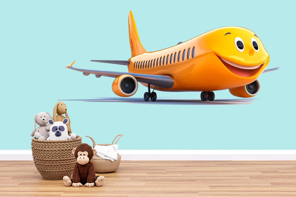 Smiling Orange Airplane Wall Decal | Cute Cartoon Plane Sticker for Kids | Nursery Aviation Decor | Peel & Stick Removable Wall Art